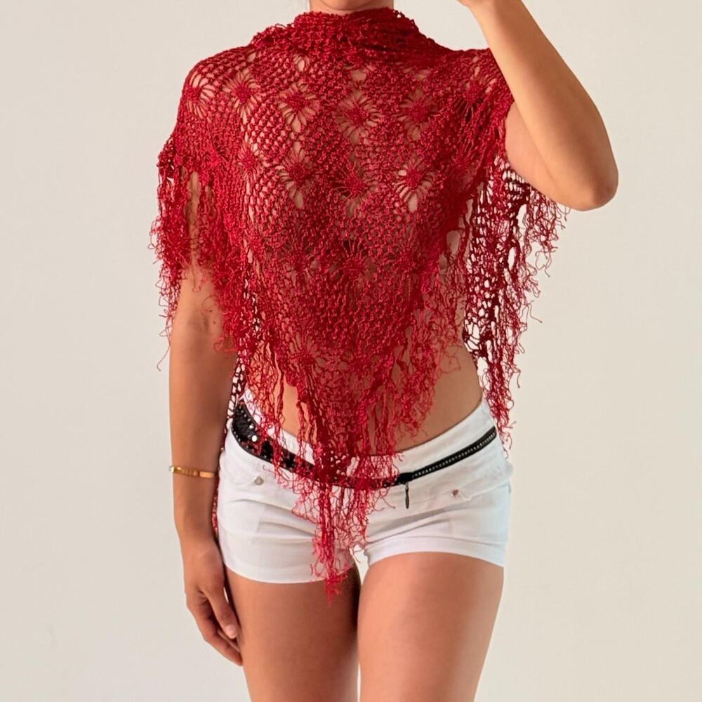 Red Knitted Shawl/ Cover Up